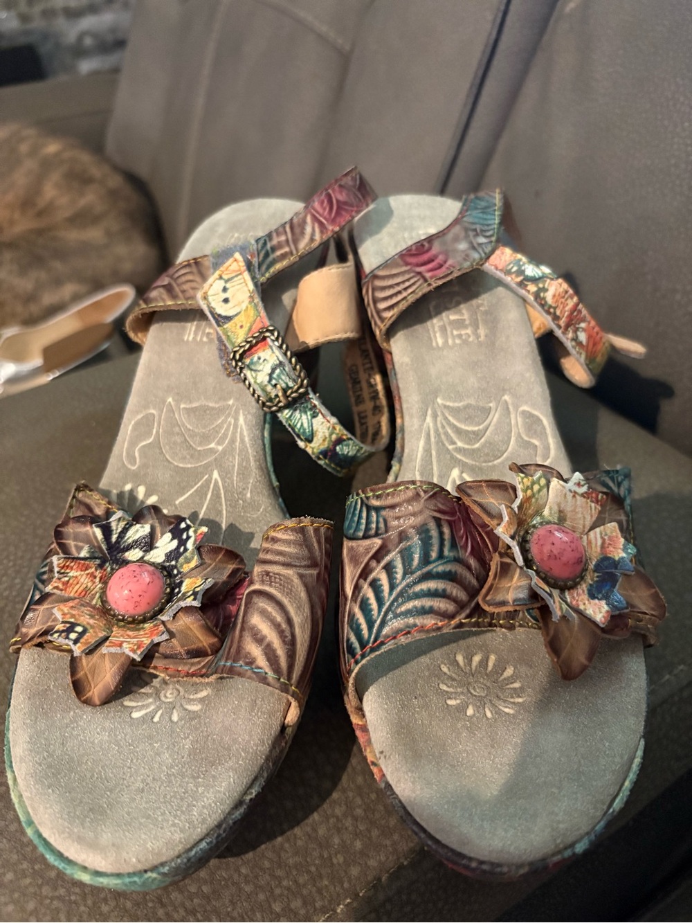 L’artiste leather tooled multi color open toe heels.